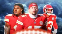 Patrick Mahomes, Isiah Pacheco, Drue Tranquill, Dark clouds in the background