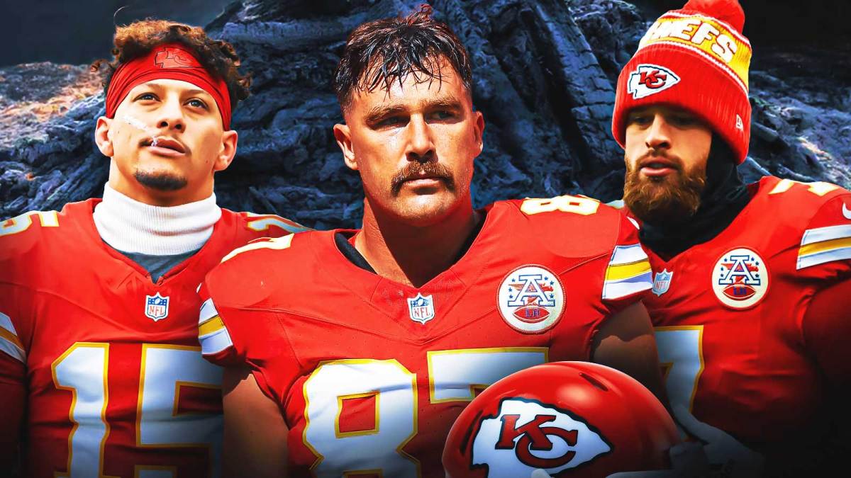 Patrick Mahomes, Travis Kelce, Harrison Butker, Pile of ashes in the background