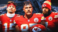 Patrick Mahomes, Travis Kelce, Harrison Butker, Pile of ashes in the background