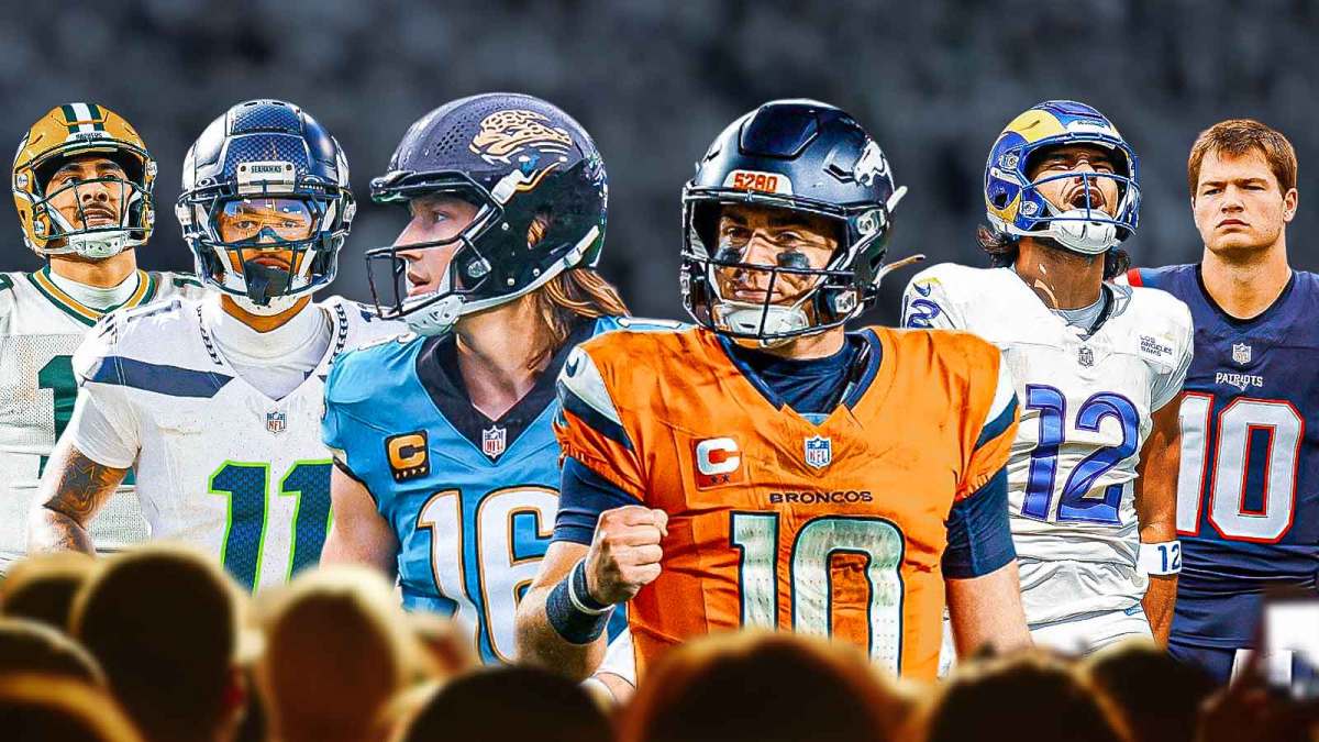 Bo Nix, Drake Maye, Trevor Lawrence, Puka Nacua, Jaxon Smith-Njigba, Jordan Love all together with NFL playoff logo front and center.