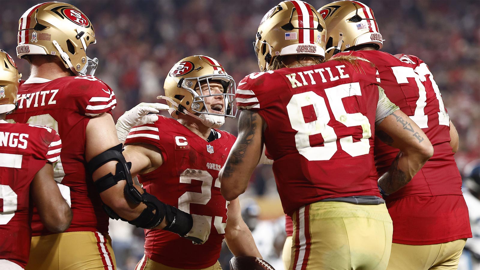 San Francisco 49ers running back Christian McCaffrey (23) reacts after scoring a touchdown against the Carolina Panthers during the second half at Levi's Stadium.