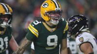 Green Bay Packers wide receiver Christian Watson (9) catches a touchdown pass against the Baltimore Ravens on Saturday, December 27, 2025, at Lambeau Field in Green Bay, Wis. Wm. Glasheen