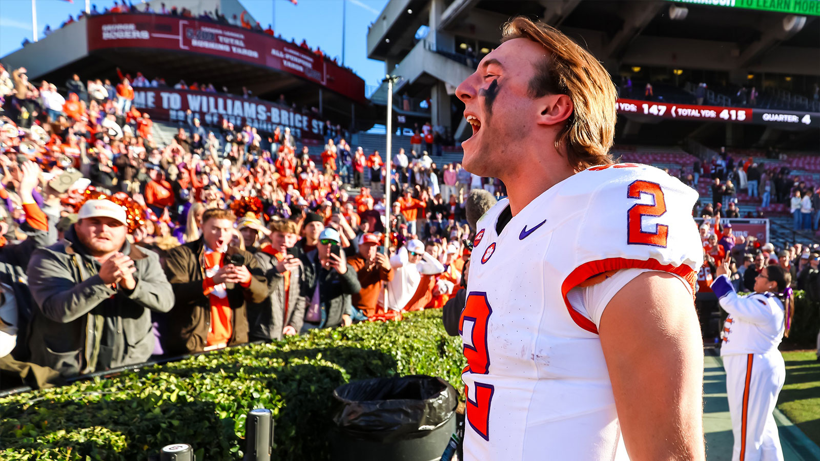Clemson Tigers quarterback Cade Klubnik (2) celebrates following the Tigers 28-14 win over the South Carolina Gamecocks at Williams-Brice Stadium. 