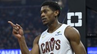 Cleveland Cavaliers forward De'Andre Hunter (12) reacts after scoring in the first quarter against the Toronto Raptors at Rocket Arena.