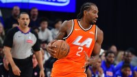 Los Angeles Clippers forward Kawhi Leonard (2) controls the ball against the Detroit Pistons during the second half at Intuit Dome.