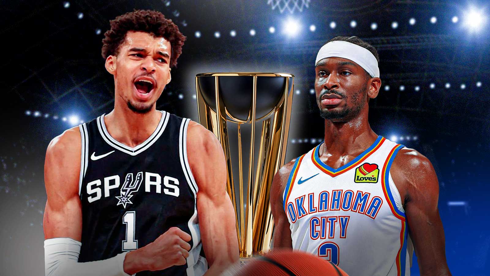 Spurs' Victor Wembanyama next to Shai Gilgeous-Alexander with NBA Cup