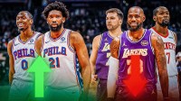 76ers' Joel Embiid and Tyrese Maxey with green up arrow, followed by Lakers and Rockets going down - NBA power rankings