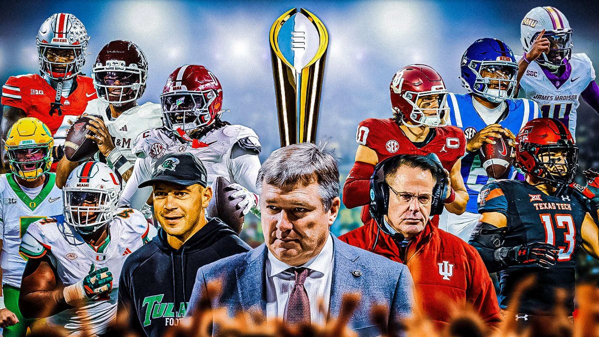 College Football Playoff trophy in front with the following players behind it Indiana's Curt Cignetti, Ohio State's Jeremiah Smith, Texas Tech's Jacob Rodriguez, Georgia's Kirby Smart, Oregon's Dante Moore, Ole Miss' Trinidad Chambliss, Texas A&M's Marcel Reed, Oklahoma's John Mateer, Alabama's Deontae Lawson, Miami's Rueben Bain Jr., Tulane HC Jon Sumrall, James Madison QB Alonza Barnett III