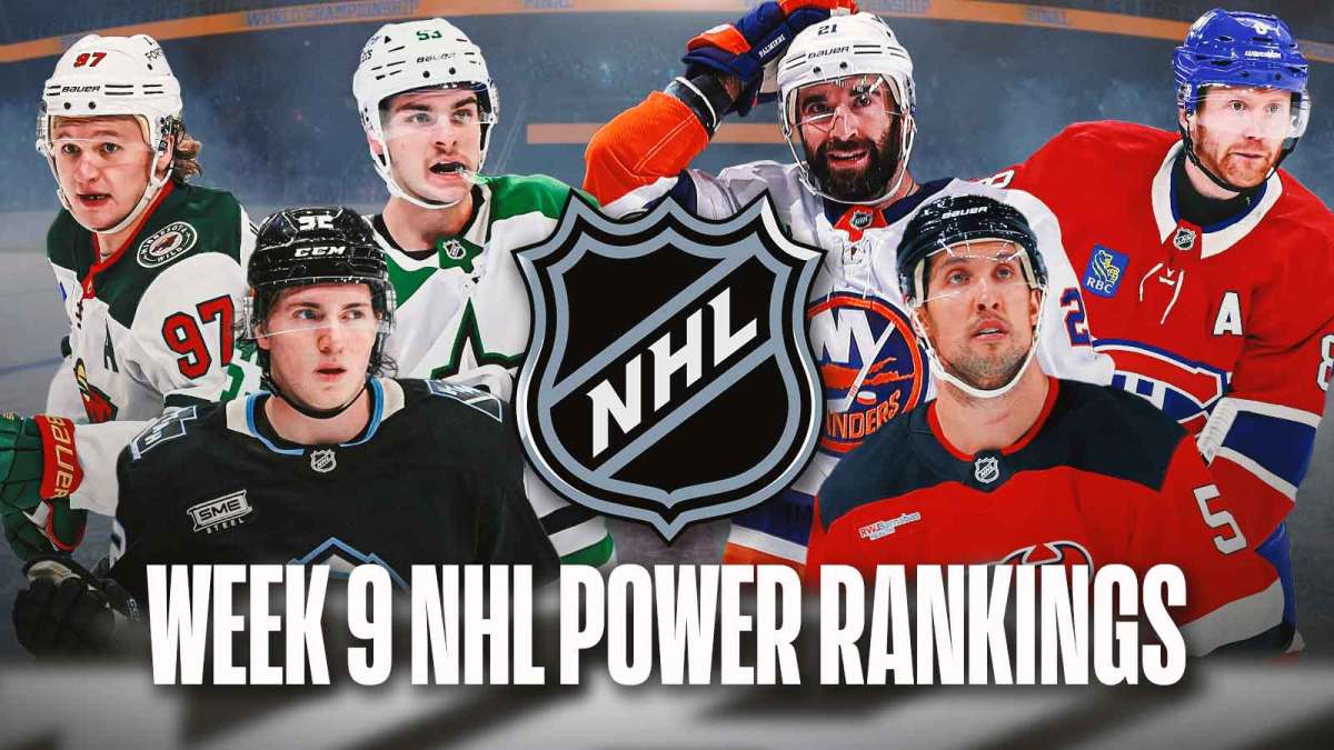 Logan Cooley, Wyatt Johnston and Kirill Kaprizov on one side, Brenden Dillon, Mike Matheson and Kyle Palmieri on other side, NHL logo in middle, hockey rink in background, Text: Week 9 NHL Power Rankings