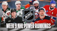 Logan Cooley, Wyatt Johnston and Kirill Kaprizov on one side, Brenden Dillon, Mike Matheson and Kyle Palmieri on other side, NHL logo in middle, hockey rink in background, Text: Week 9 NHL Power Rankings
