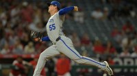 Kansas City Royals starting pitcher Cole Ragans (55) delivers during the first inning against the Los Angeles Angels at Angel Stadium