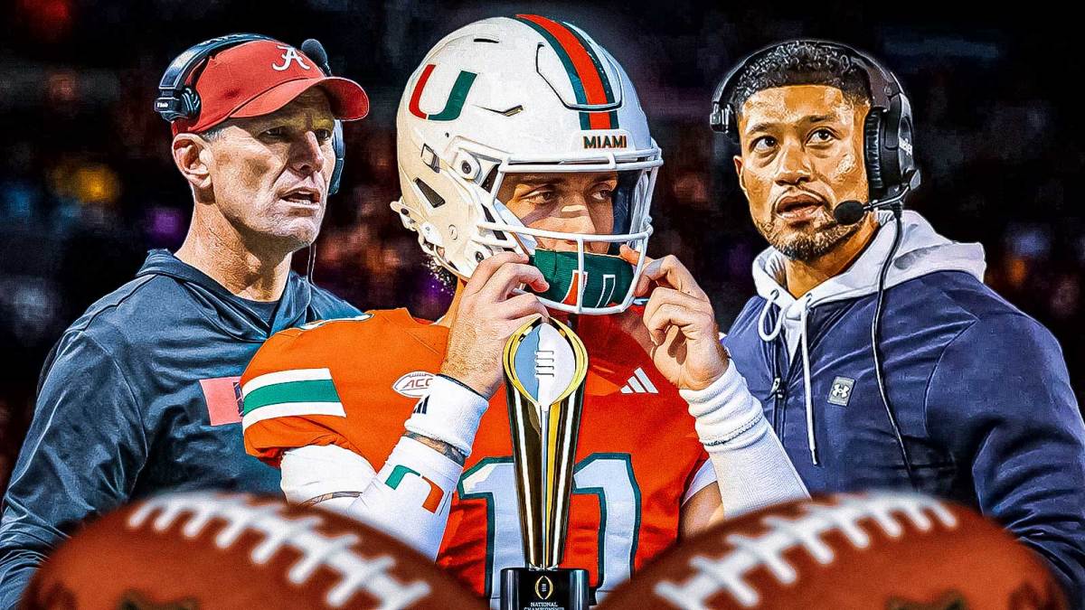 CFP Trophy in front, Miami QB Carson Beck and Alabama HC Kalen DeBoer on one side, Notre Dame head coach Marcus Freeman (looking disappointed) on the other