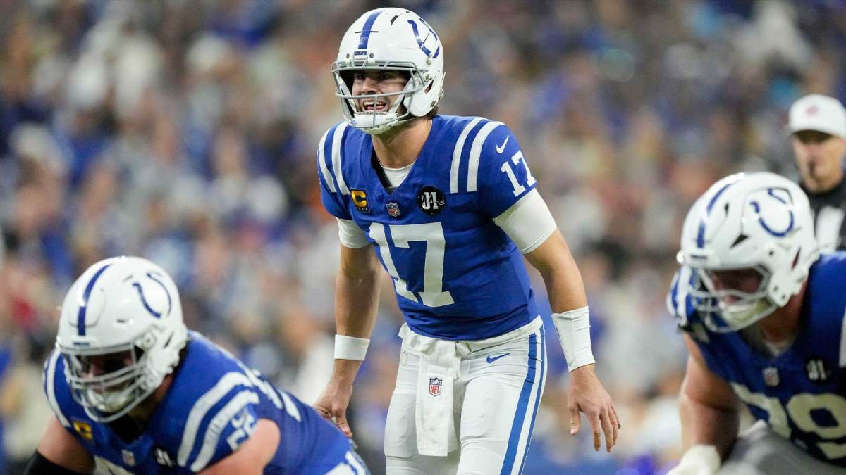Indianapolis Colts quarterback Daniel Jones (17) yells at the line of scrimmage Sunday, Nov. 30, 2025, during a game against the Houston Texans at Lucas Oil Stadium in Indianapolis.