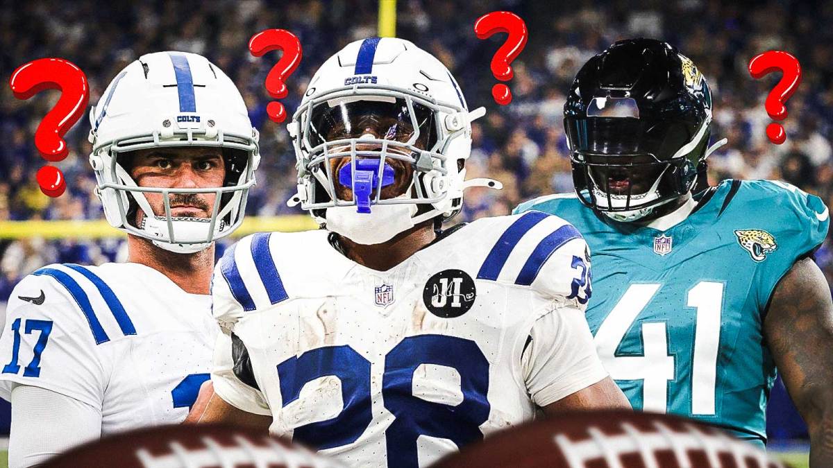 Colts QB Daniel Jones with RB Jonathan Taylor and Jaguars edge rusher Josh Hines-Allen. They are all surrounded by question mark emojis.