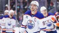 Edmonton Oilers center Connor McDavid (97) celebrates a goal against the Seattle Kraken in the third period at Climate Pledge Arena.