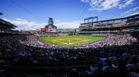 General wide angle view of Coors Field during the game between the Los Angeles Angels against the Colorado Rockies.