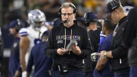Dallas Cowboys defensive coordinator Matt Eberflus looks on in the first half against the Green Bay Packers at AT&T Stadium.