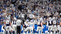 Detroit Lions fans cheer on against Dallas Cowboys during the first half at Ford Field in Detroit on Thursday, Dec. 4, 2025.