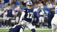 Dallas Cowboys place kicker Brandon Aubrey (17) kicks a field goal during the first half against the Detroit Lions at Ford Field.