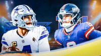 Cowboys QB Dak Prescott (left) and Giants QB Jaxson Dart (right). Dallas Cowboys and New York Giants logos in background