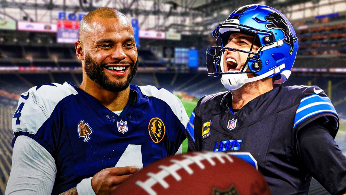 Dak Prescott on one side, Jared Goff on the other side, Ford Field in the background