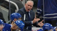 Toronto Maple Leafs head coach Craig Berube tries to motivate his team during the third period against the Calgary Flames at Scotiabank Arena.