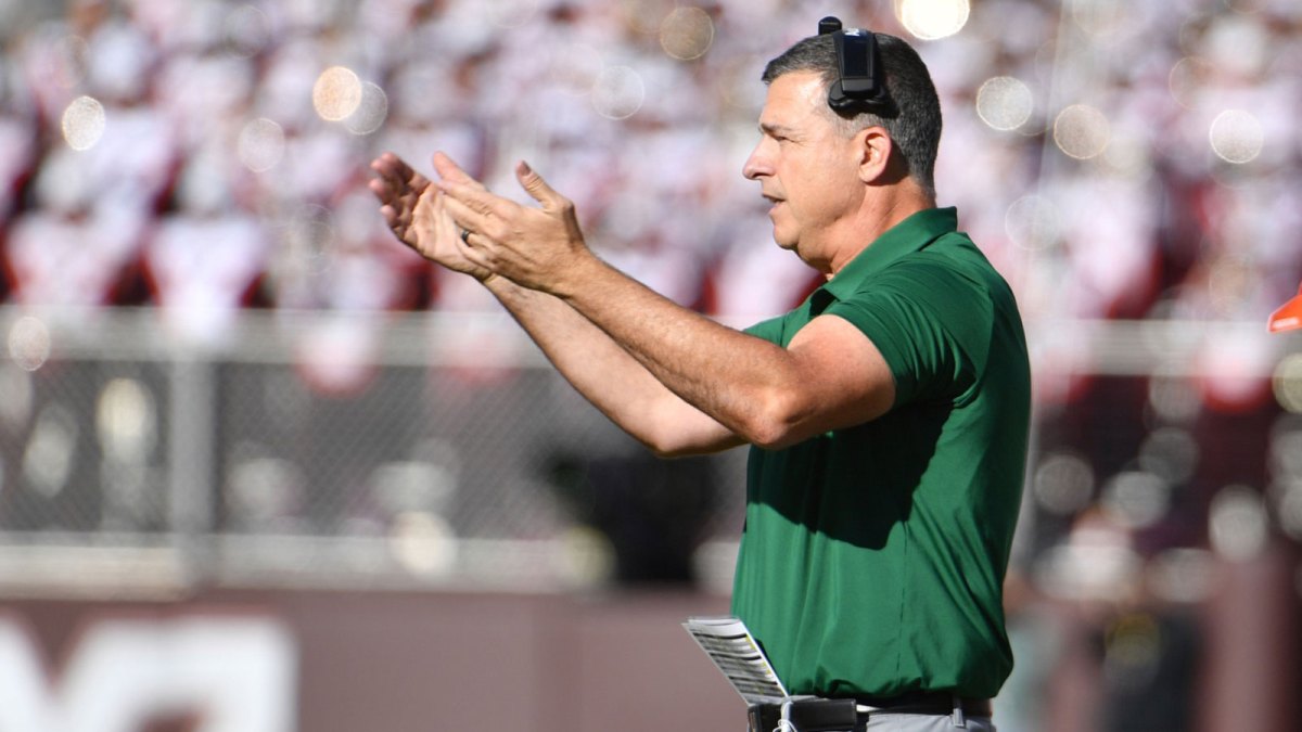 Miami (FL) Hurricanes head coach Mario Cristobal signals for his team during the second quarter against the Virginia Tech Hokies at Lane Stadium.