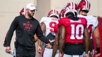 Indiana University Offensive Coordinator Mike Shanahan during fall practice at the Mellencamp Pavilion at Indiana University.