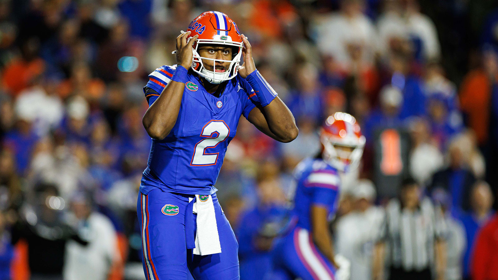 Florida Gators quarterback DJ Lagway (2) gestures before the snap against the Florida State Seminoles during the second half at Ben Hill Griffin Stadium.