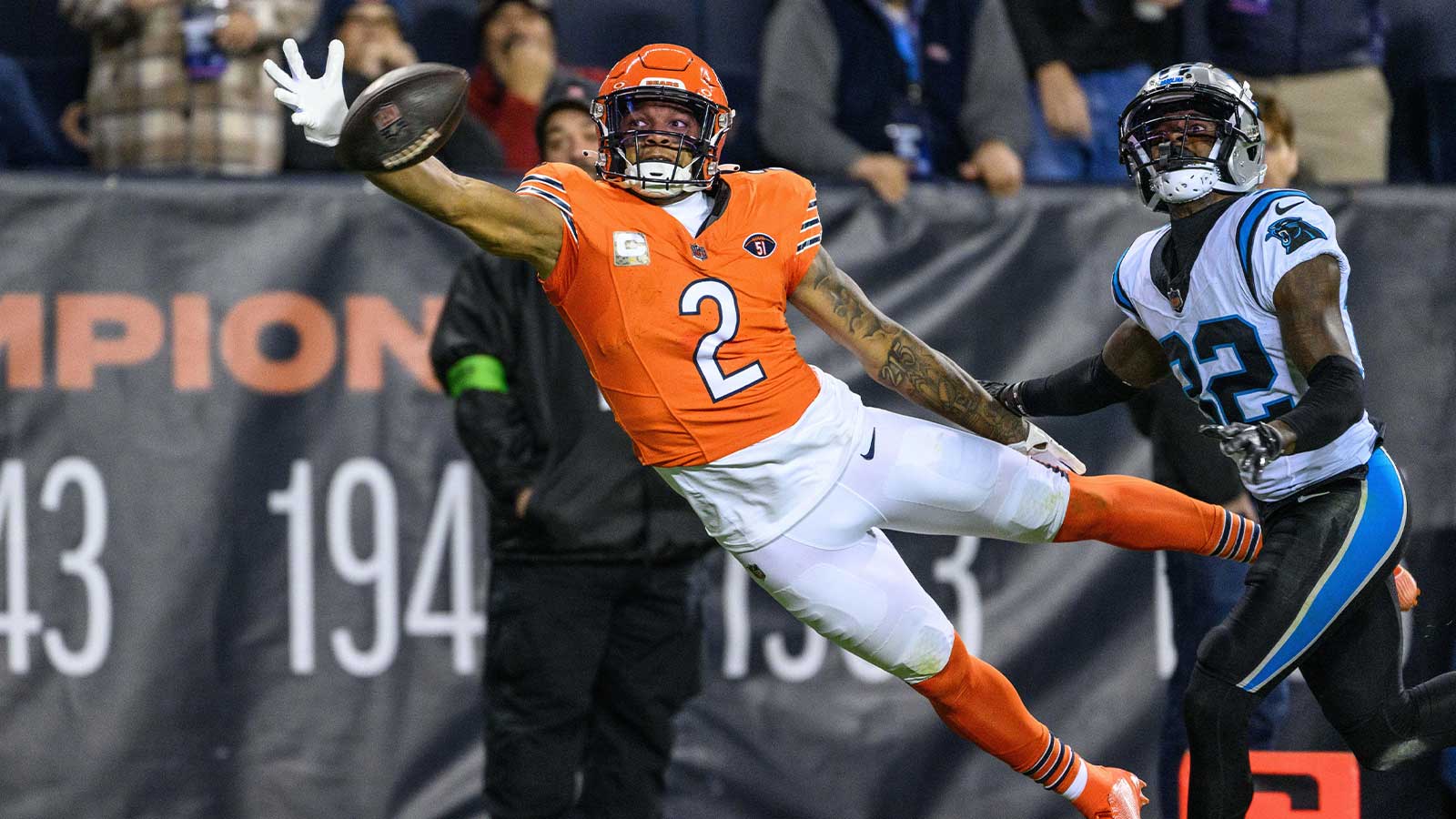Chicago Bears wide receiver D.J. Moore (2) cannot make a diving catch against the Carolina Panthers during the first quarter at Soldier Field.