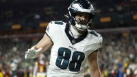 Philadelphia Eagles tight end Dallas Goedert (88) celebrates after scoring a touchdown against the Washington Commanders in the second half at Northwest Stadium.