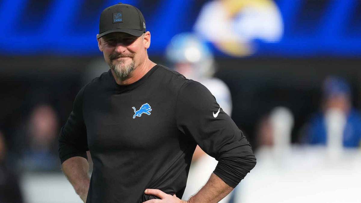 Detroit Lions head coach Dan Campbell is seen during warmups prior to the game against the Los Angeles Rams at SoFi Stadium.