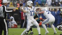 Indianapolis Colts quarterback Daniel Jones (17) throws from the pocket against the Jacksonville Jaguars during the first half at EverBank Stadium.