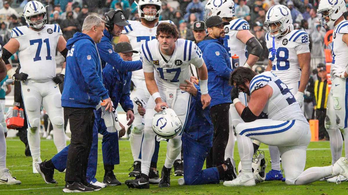Indianapolis Colts quarterback Daniel Jones (17) gets up off the turf after being injured in a play in the first quarter during an NFL football game at EverBank Stadium, Sunday, Dec. 7, 2025, in Jacksonville, Fla. [Doug Engle/Florida Times-Union]before an NFL football game at EverBank Stadium, Sunday, Dec. 7, 2025, in Jacksonville, Fla.