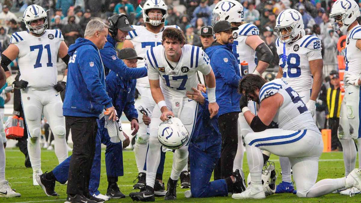 Indianapolis Colts quarterback Daniel Jones (17) gets up off the turf after being injured in a play in the first quarter during an NFL football game at EverBank Stadium, Sunday, Dec. 7, 2025, in Jacksonville, Fla. [Doug Engle/Florida Times-Union]before an NFL football game at EverBank Stadium, Sunday, Dec. 7, 2025, in Jacksonville, Fla. [Doug Engle/Florida Times-Union]