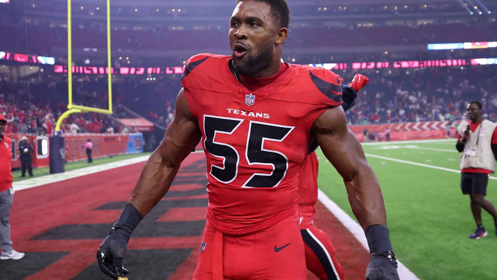 Houston Texans defensive end Danielle Hunter (55) celebrates after defeating the Buffalo Bills at NRG Stadium.