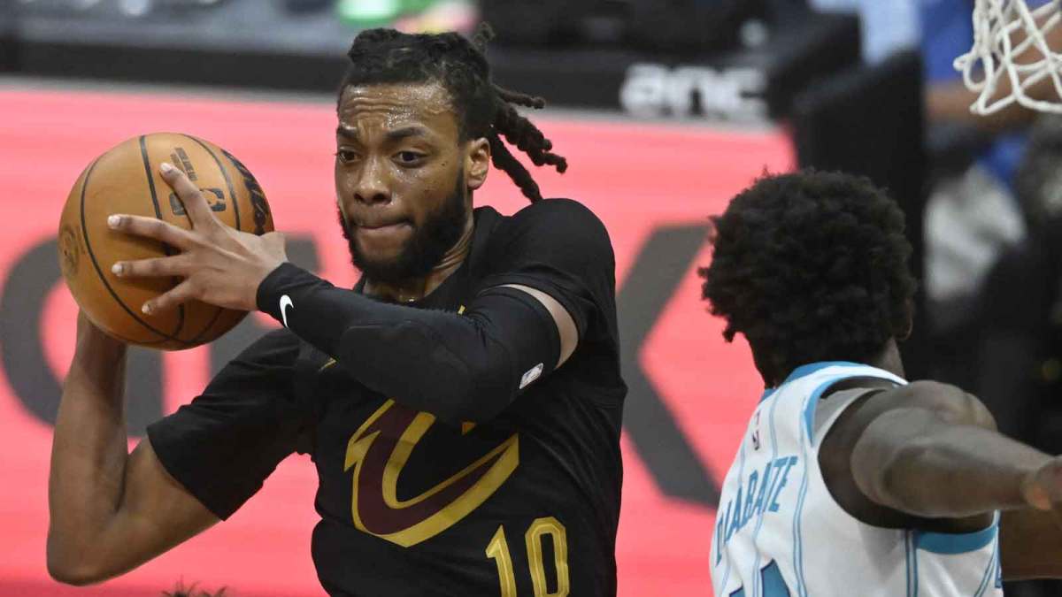 Cleveland Cavaliers guard Darius Garland (10) rebounds in the fourth quarter against the Charlotte Hornets at Rocket Arena.
