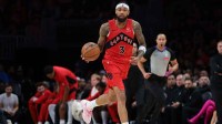 Toronto Raptors forward Brandon Ingram (3) dribbles the basketball against the Miami Heat during the second quarter at Kaseya Center.