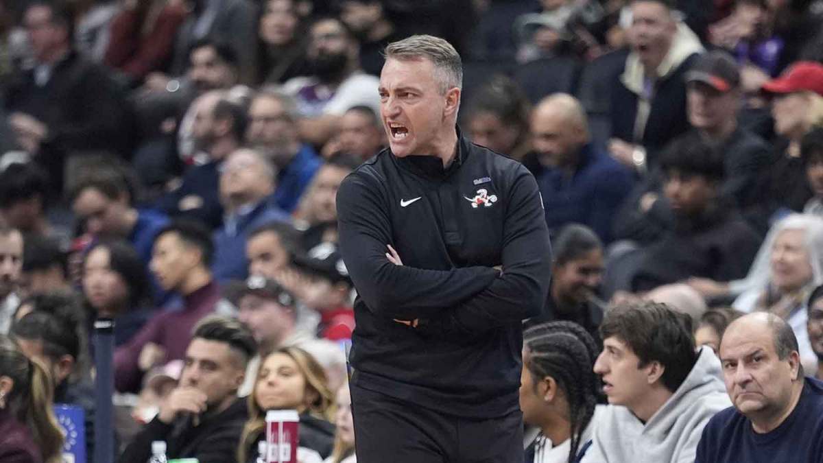 Toronto Raptors head coach Darko Rajakovic calls out to his team during the first half against the Boston Celtics at Scotiabank Arena.