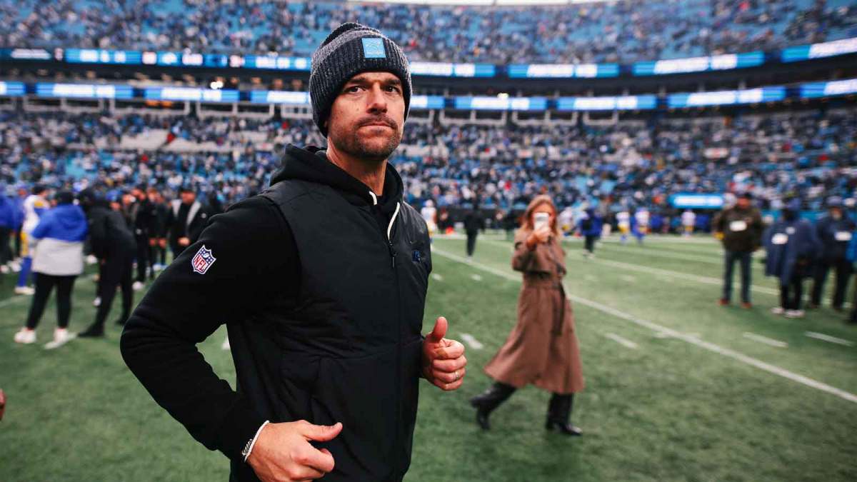 Carolina Panthers head coach Dave Canales looks on after the game against the Los Angeles Rams at Bank of America Stadium.