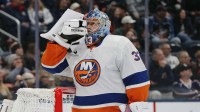 New York Islanders goalie David Rittich (33) gets a drink during a play stoppage against the Columbus Blue Jackets during the second period at Nationwide Arena.