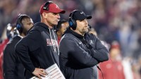 Alabama Crimson Tide head coach Kalen Deboer (left) and defensive coordinator Kane Wommack against the Oklahoma Sooners during the CFP National Playoff First Round at Gaylord Family Oklahoma Memorial Stadium.