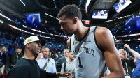 San Antonio Spurs forward Victor Wembanyama (1) celebrates with Chris Paul after the game against the Oklahoma City Thunder at T-Mobile Arena. Mandatory Credit: Kirby Lee-Imagn Images