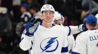 Tampa Bay Lightning defenseman Cal Foote (52) celebrates the shootout win over the against the Colorado Avalanche at Ball Arena.