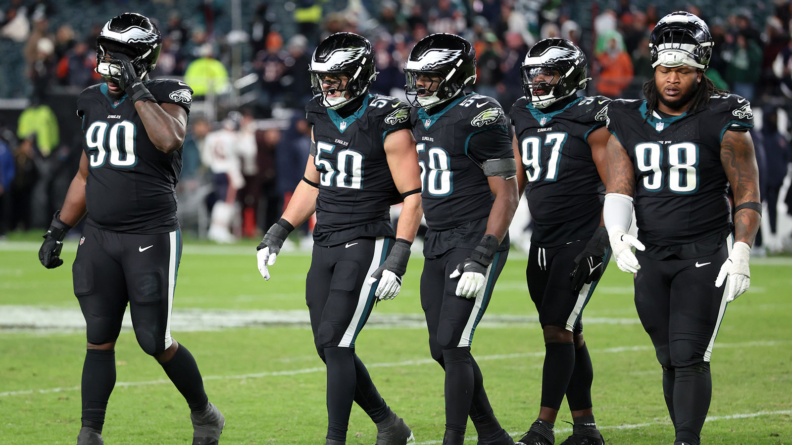 The Philadelphia Eagles defense walk off the field during the fourth quarter of the game against the Chicago Bears at Lincoln Financial Field. Mandatory Credit: Bill Streicher-Imagn Images