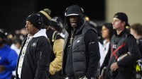 Colorado Buffaloes head coach Deion Sanders on the sidelines in the first quarter against the Arizona State Sun Devils at Folsom Field.