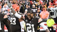 Cleveland Browns cornerback Denzel Ward (21) celebrates after the game against the Pittsburgh Steelers at Huntington Bank Field.