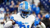 Detroit Lions safety Kerby Joseph (31) warms up before the game between Indianapolis Colts and Detroit Lions at Lucas Oil Stadium on Sunday, Nov. 24, 2024.