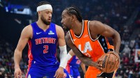 Los Angeles Clippers forward Kawhi Leonard (2) controls the ball against Detroit Pistons guard Cade Cunningham (2) during the first half at Intuit Dome.