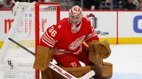 Detroit Red Wings goaltender John Gibson (36) tends goal in the third period against the Boston Bruins at Little Caesars Arena.